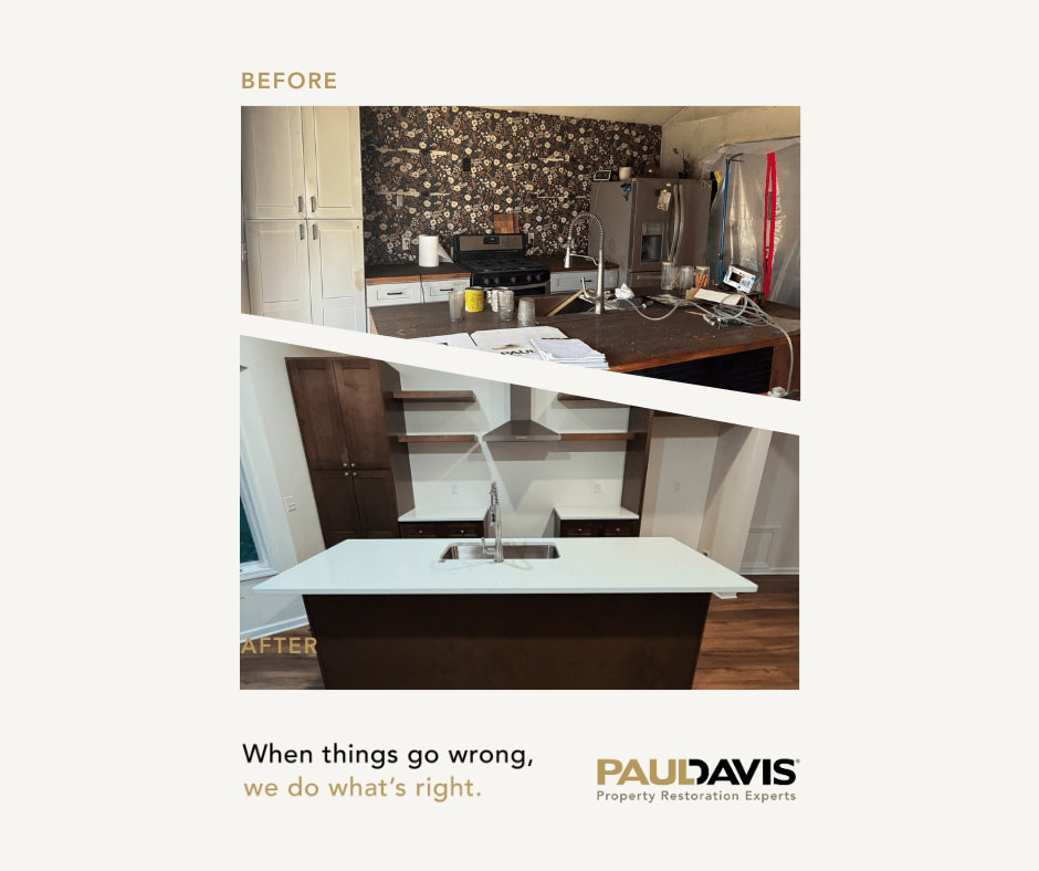 Before and after of a kitchen restoration project completed by Paul Davis Restoration of Mid-Michigan in Mason, MI.