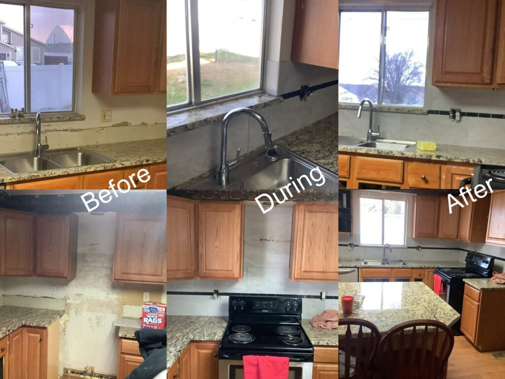 Before, during, and after of a kitchen sink and backsplash update by Mr. Handyman of Boise, Meridian and Nampa in Nampa, ID.