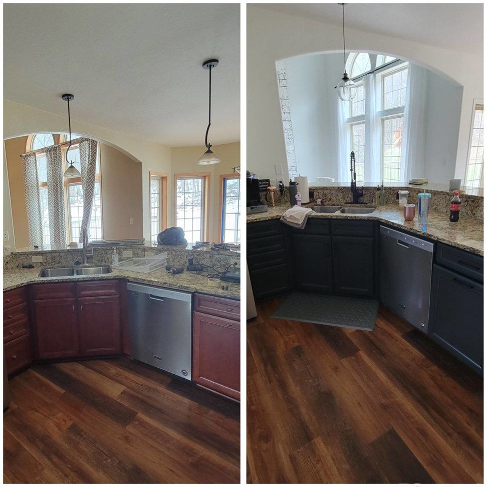 Before and after of kitchen sink cabinet refinishing by Amazing Finishes in Whitefish Bay, WI, transforming them to a dark gray finish.
