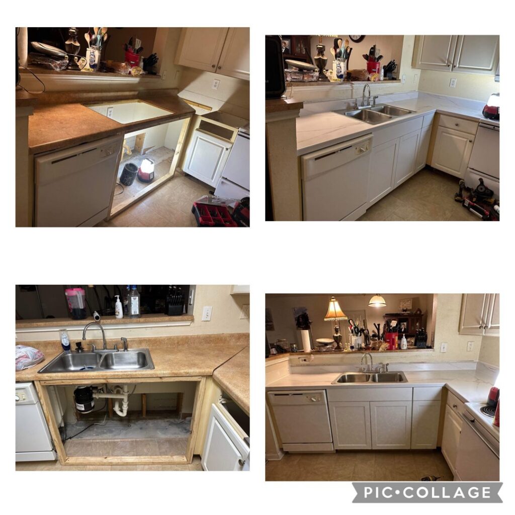 A before and after collage showing kitchen sink and countertop installation by SMM Services LLC in Gulfport, MS.