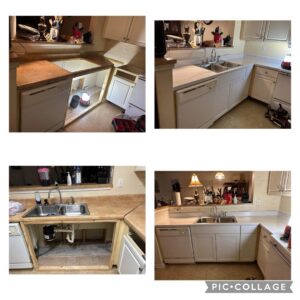 A before and after collage showing kitchen sink and countertop installation by SMM Services LLC in Gulfport, MS.