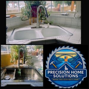 Before and after of a kitchen sink and faucet replacement by Precision Home Solutions in Santa Fe, TN
