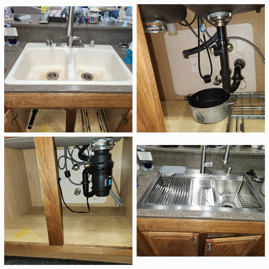 Before and after of a kitchen sink and garbage disposal replacement by Handyman Near Me Las Vegas Henderson in Las Vegas, NV.