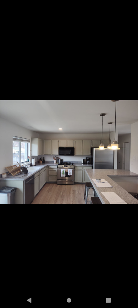 A renovated kitchen with light gray cabinets, a spacious island, and modern pendant lighting by Layvic Construction LLC in Downtown Denver, CO