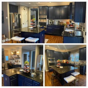 A beautifully painted kitchen with dark blue cabinets and an island by All Pro Painting of the Triangle in Raleigh, NC.