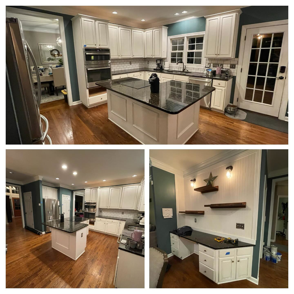 A renovated kitchen with freshly painted white cabinets and a custom desk area by All Pro Painting of the Triangle in Raleigh, NC.