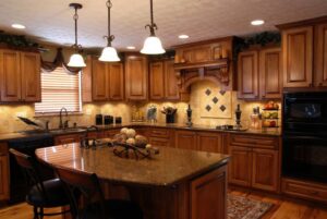 A kitchen with rich wooden cabinets, granite countertops, and a central island, demonstrating handyman expertise from Paradise Found Construction in Cary, NC.