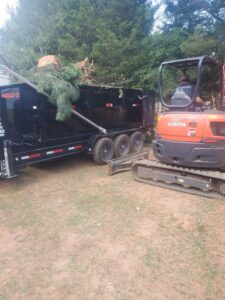 A Kubota excavator loading tree branches and green waste into a dumpster for Standard Dumpster LLC in Rock Hill, SC.