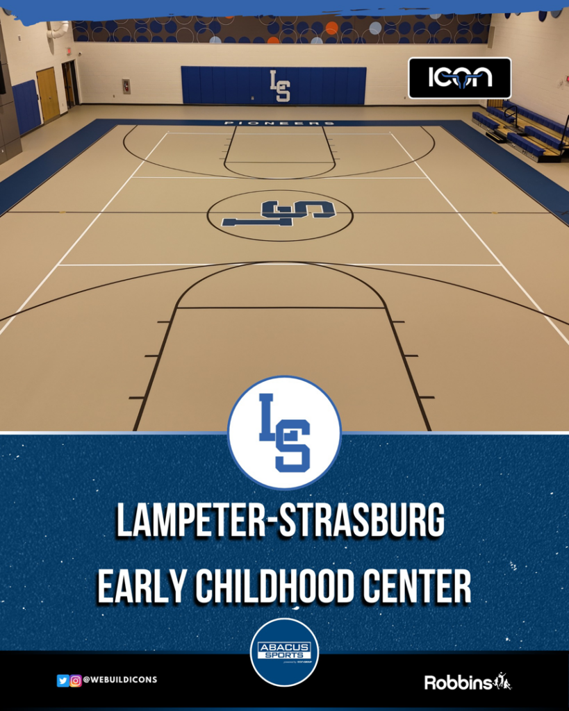 A newly installed indoor basketball court at Lampeter-Strasburg Early Childhood Center by Abacus Sports Installations, Ltd in Lancaster, PA