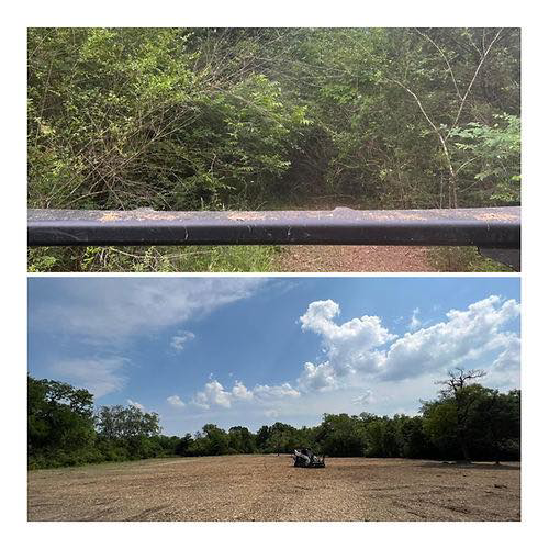 Before and after photos of land clearing and brush removal by Dun' Dirt Cheap Lawn & Landscape in Tulsa, OK