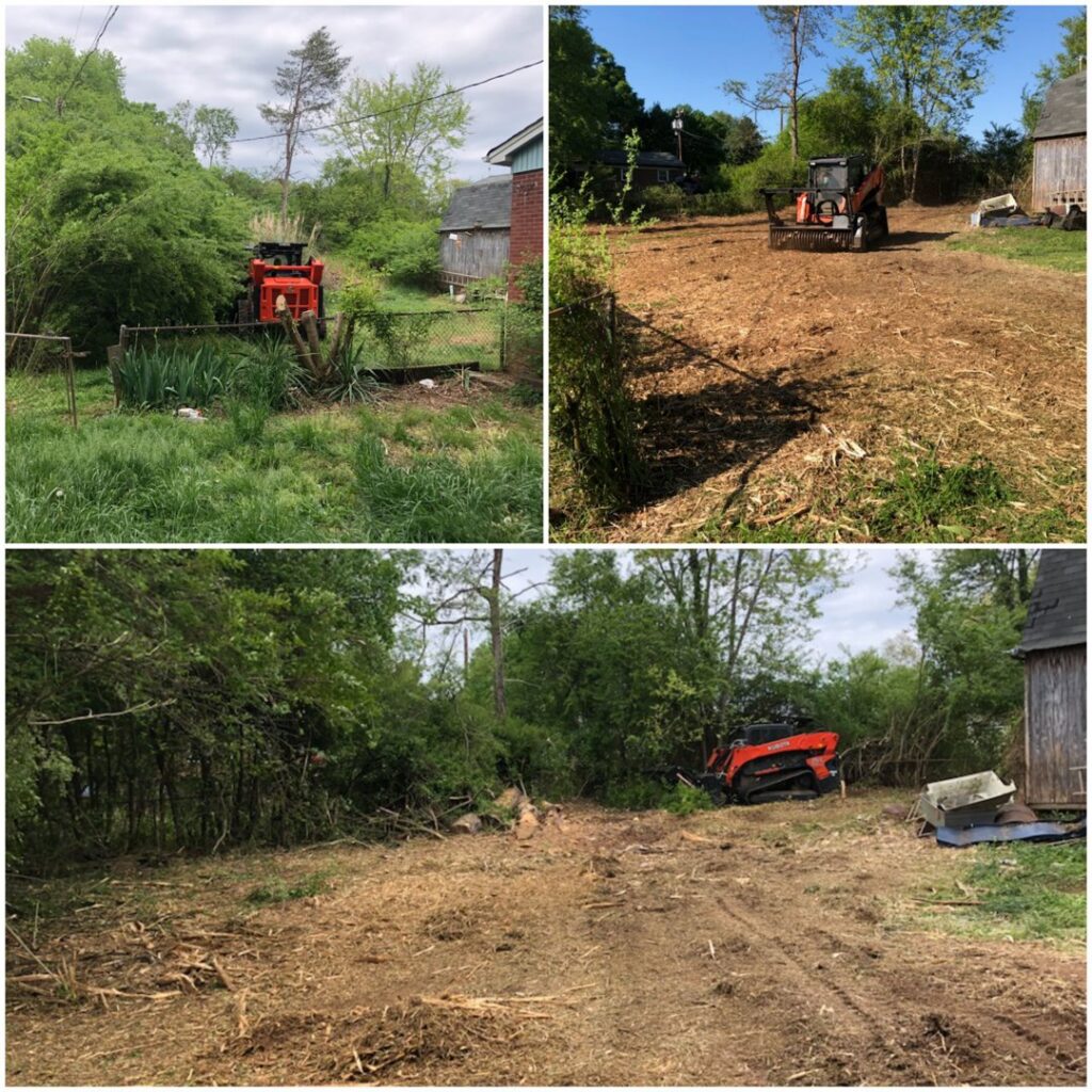 A collage showing before, during, and after land clearing services using a skid steer by K.O. Tree Service in Charlotte, NC.