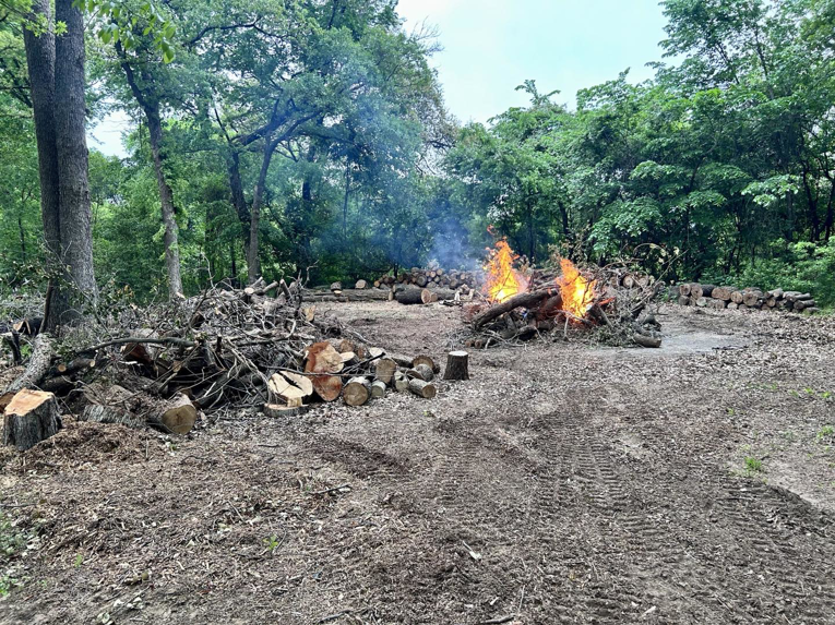 Piles of cut logs and branches with fires burning, indicating land clearing by SGC Services in Fort Worth, TX.