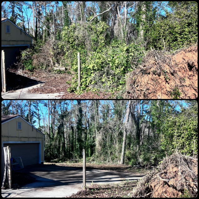 Before and after of land clearing and vegetation removal near a garage by Robert & Sons Tree Service in Augusta, GA