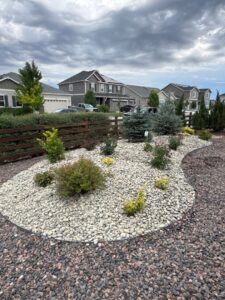 A beautifully landscaped garden bed with gravel and various plants designed by Blue Collar Service Pros in Aurora, CO.