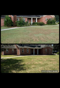 Before and after comparison of a home's front yard landscaping, showing improvement by HomeFront Services LLC in Fayetteville, AR