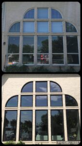 Before and after of a large arched window complex replacement by Pro 1 Windows and Doors in Rockwall, TX