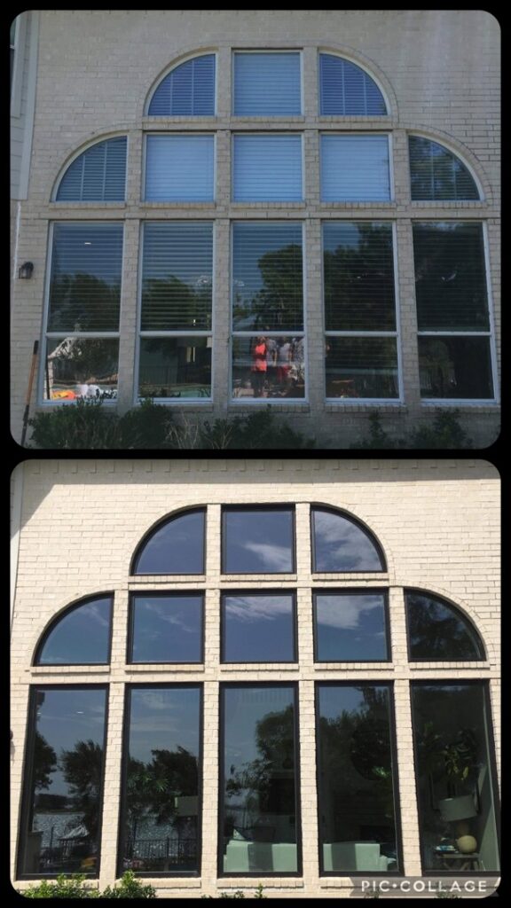 Before and after of a large arched window complex replacement by Pro 1 Windows and Doors in Rockwall, TX