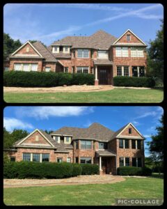 Before and after of a large brick house showing window upgrades by Pro 1 Windows and Doors in Rockwall, TX
