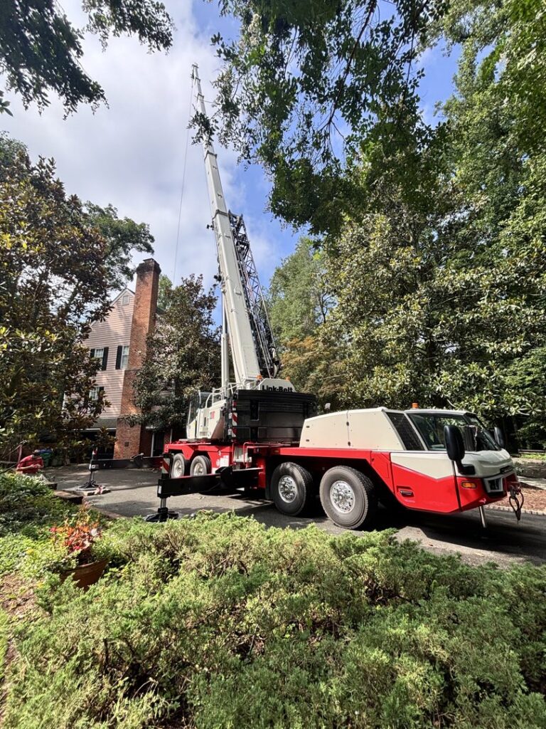 A large crane set up in a residential driveway for complex tree removal operations by Absolute Tree, Inc. in Alexandria, VA.