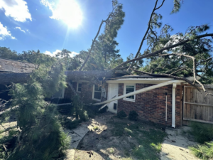 A large fallen tree causing extensive damage to a house, requiring storm cleanup services from GNC Tree Service, LLC in Columbia, SC.
