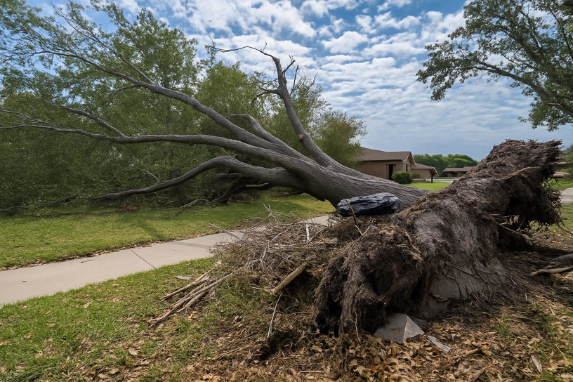 A large tree uprooted and fallen across a sidewalk, requiring storm cleanup from Green Leaf Tree Service in Broussard, LA.