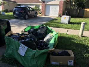 A large green bag filled with household junk and trash, along with a cardboard box, ready for removal by Pro Dumpsters & Junk Removal in Orlando, FL.