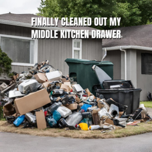 A large pile of household junk and debris in front of a residential home, ready for removal by Dumpin Ain't Easy in Westwego, LA.