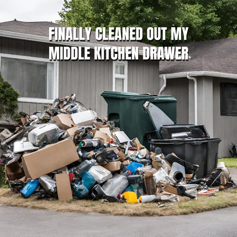 A large pile of household junk and debris in front of a residential home, ready for removal by Dumpin Ain't Easy in Westwego, LA.