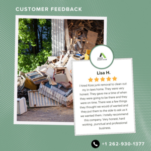 A large pile of debris and junk outdoors after a successful junk removal service by Koss Services in Racine, WI.