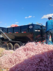 A large pile of pink stringy waste material awaiting removal by T-Rex Service LLC in Cheyenne, WY.