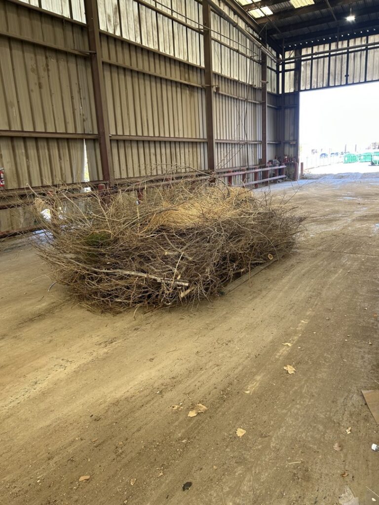 A large pile of tree branches and brush on the floor of a warehouse, ready for removal by Reno Junk Pros in Reno, NV.