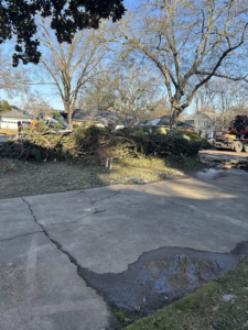 A large pile of tree branches and yard debris on a residential driveway, ready for removal by Tote Junk Removal & Demo, LLC in Monroe, LA.