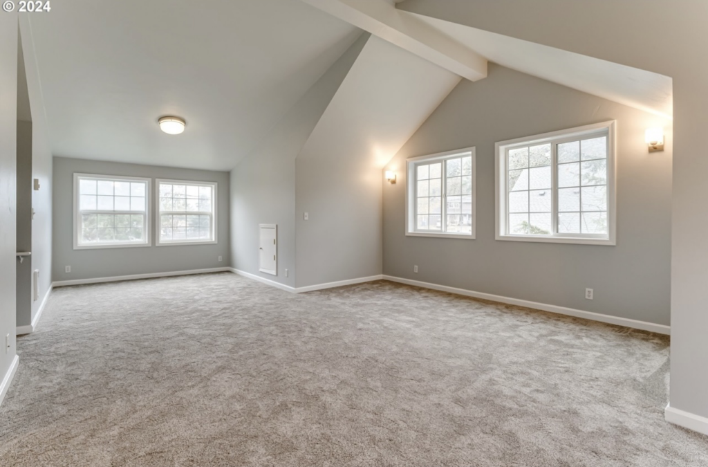 A large remodeled attic space with multiple windows and new carpet by Green Peaks Painting and Remodeling in Elmira, OR
