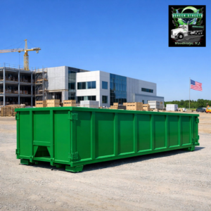 A large green roll-off dumpster for commercial junk removal by Green Street Services in Woodbridge Township, NJ.