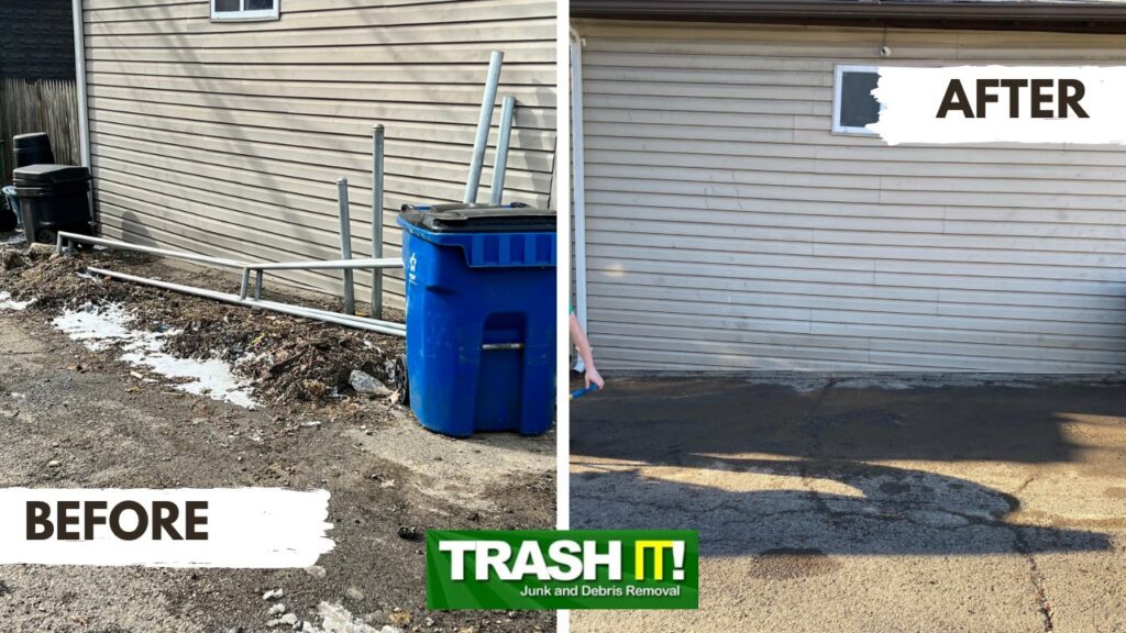 Before and after photos of a large-scale outdoor junk and debris removal project by Trash It LLC in Pittsburgh, PA.