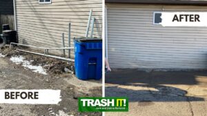 Before and after photos of a large-scale outdoor junk and debris removal project by Trash It LLC in Pittsburgh, PA.