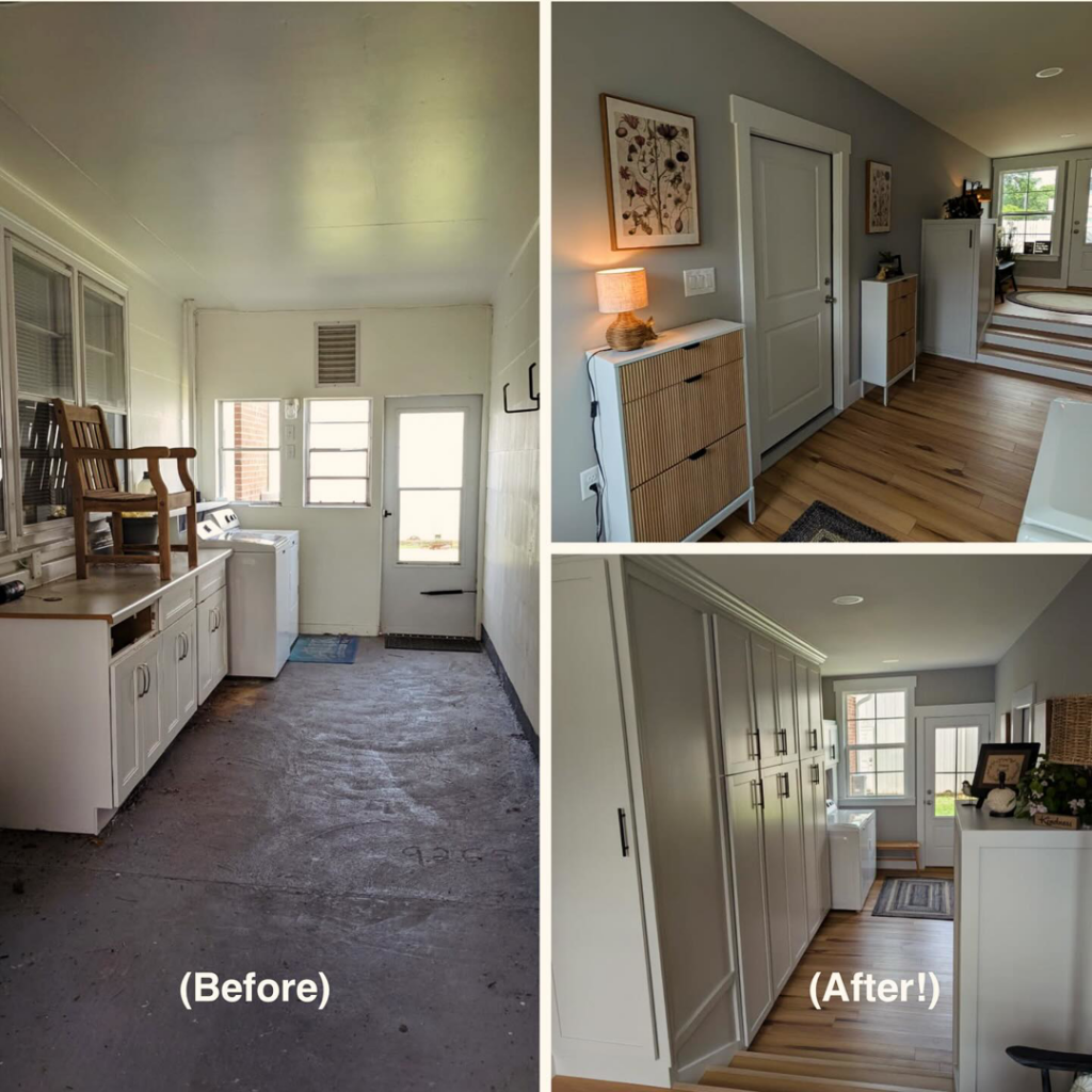 Before and after collage of a complete laundry and mudroom renovation by Seaside Craftworks LLC in Wilmington, NC.