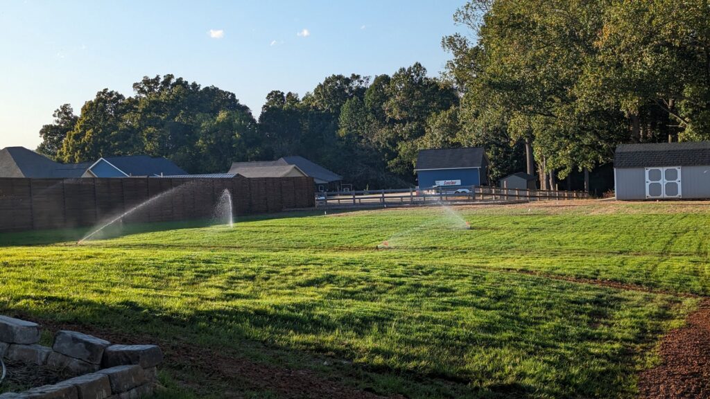 An efficient lawn irrigation system in action, installed and maintained by Rainscapes in Louisville, TN.