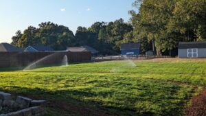 An efficient lawn irrigation system in action, installed and maintained by Rainscapes in Louisville, TN.