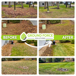 Before and after photos of professional leaf removal and lawn cleanup by Ground Force Solutions in Madison, WI.