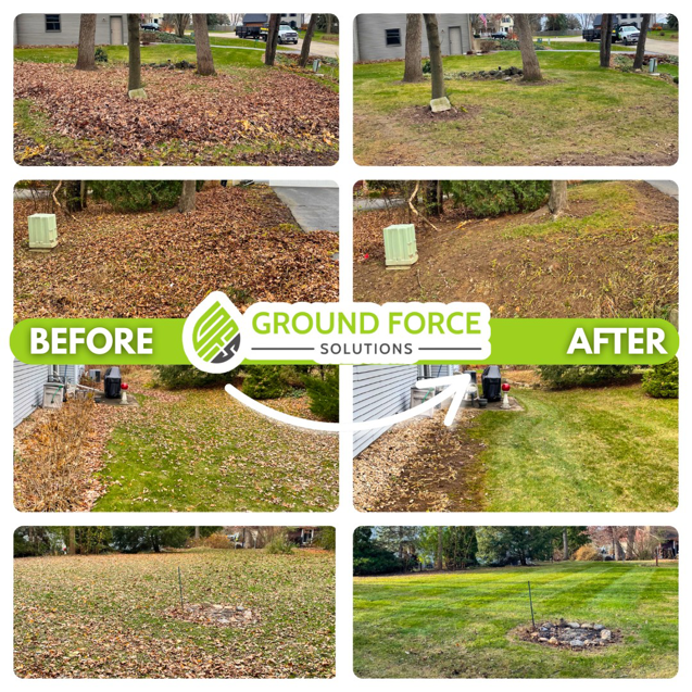 Before and after photos of professional leaf removal and lawn cleanup by Ground Force Solutions in Madison, WI.