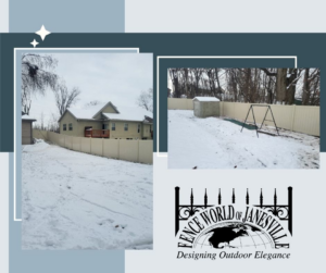 A light-colored fence installation surrounding a house in a snowy backyard by Fence World Of Janesville, Janesville, WI.