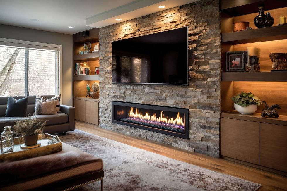 A linear gas fireplace integrated into a stone accent wall with a mounted TV by Infinite Fire Features in Colorado Springs, CO.
