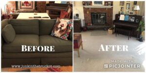 A before and after comparison of a living room, showing it with a sofa then completely cleared out by Junk in the Truck LLC in Albuquerque, NM.