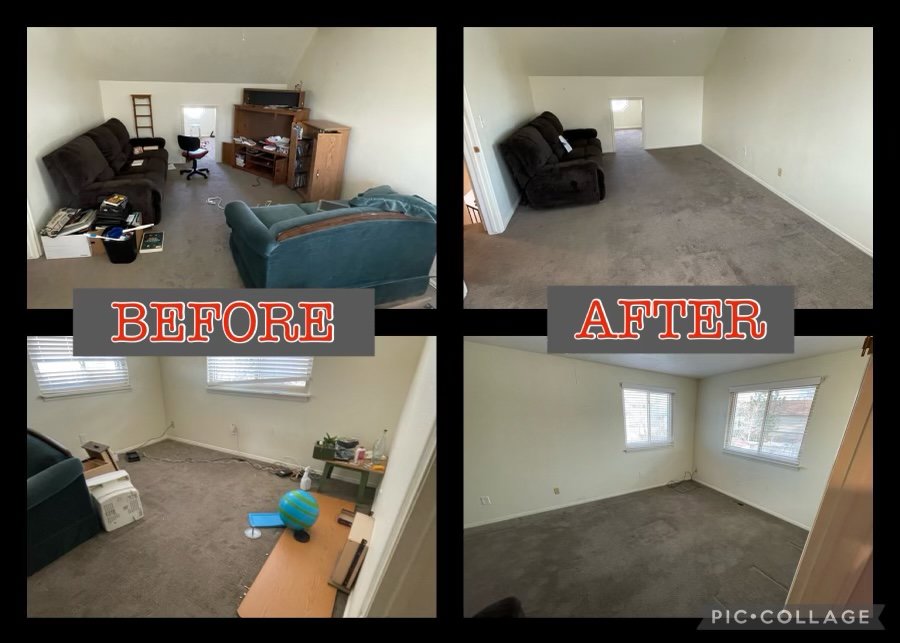 Before and after photos showing a cluttered living room cleaned out by Pack N Haul in West Valley City, UT.