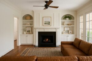A renovated living room featuring a fireplace, custom built-in shelves, and a ceiling fan by Albis Morales Painting LLC in Raleigh, NC.