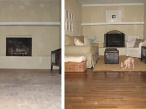 Before and after view of a living room renovation, showcasing new hardwood flooring installed by McCollister Contracting LLC in New Castle, DE.