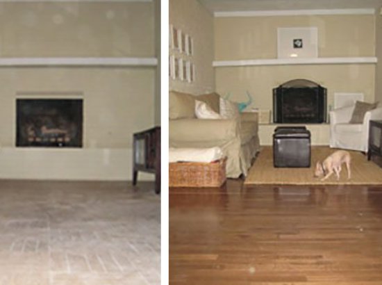 Before and after view of a living room renovation, showcasing new hardwood flooring installed by McCollister Contracting LLC in New Castle, DE.
