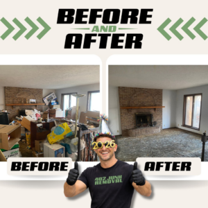 Before and after photos of a living room junk removal by 402 Junk Removal in Lincoln, NE, showing a cluttered room cleared out.