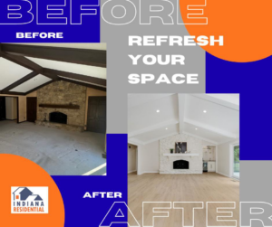 A before and after comparison of a living room refresh project by Indiana Residential in Indianapolis, IN.